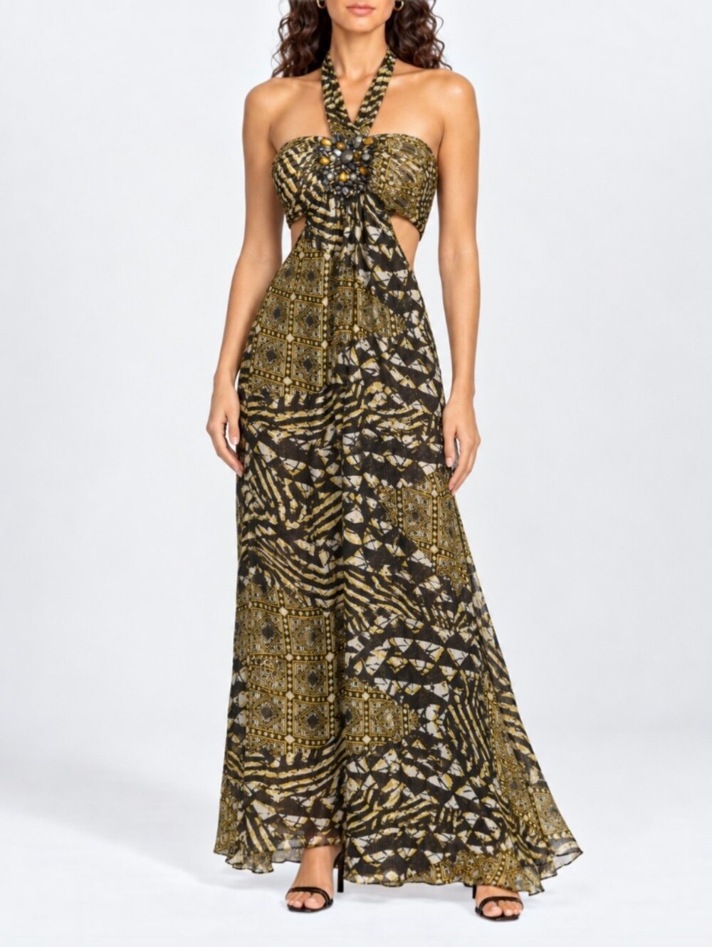 BCBG MaxAzria 100% Silk Metallic Halter Cutout Beaded Maxi Dress Resort 4